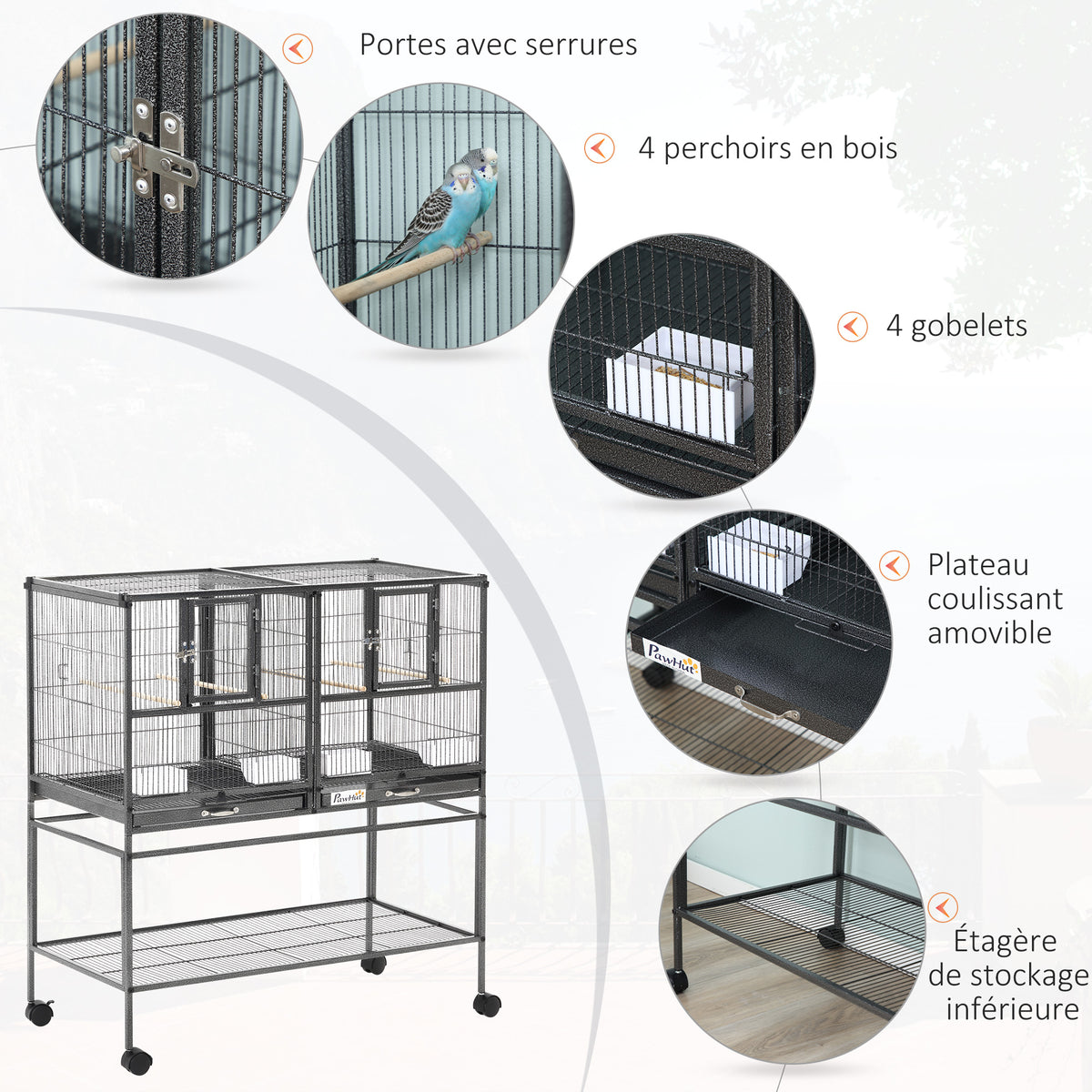 Cage à Oiseaux Volière Oiseaux Intérieur avec Séparation Mangeoire et Perchoir 95L x 45,5l x 102H cm Noir et Gris