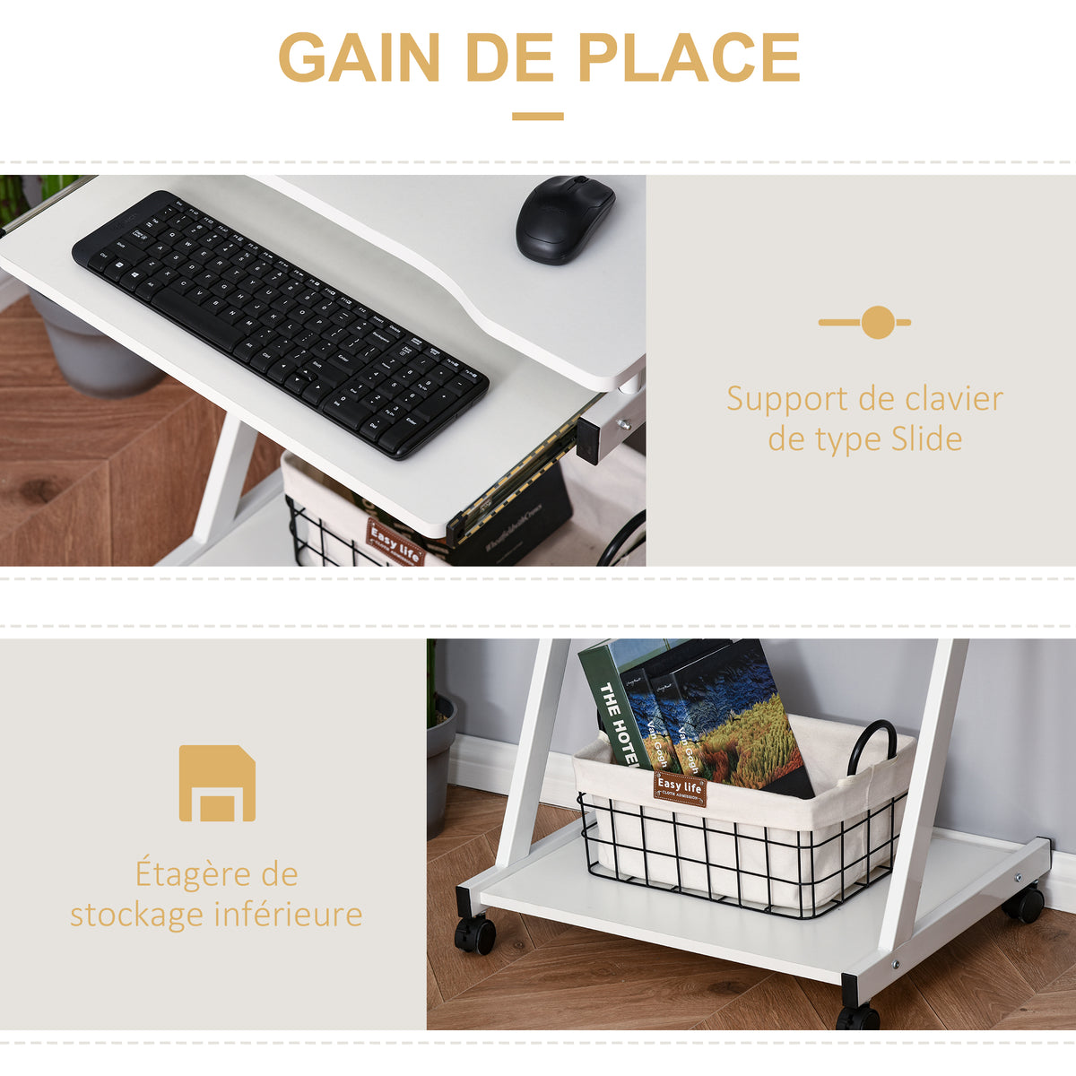 Bureau Informatique Roulant - Bureau Mobile - Table d'ordinateur - Tablette coulissante Clavier + étagère - Blanc