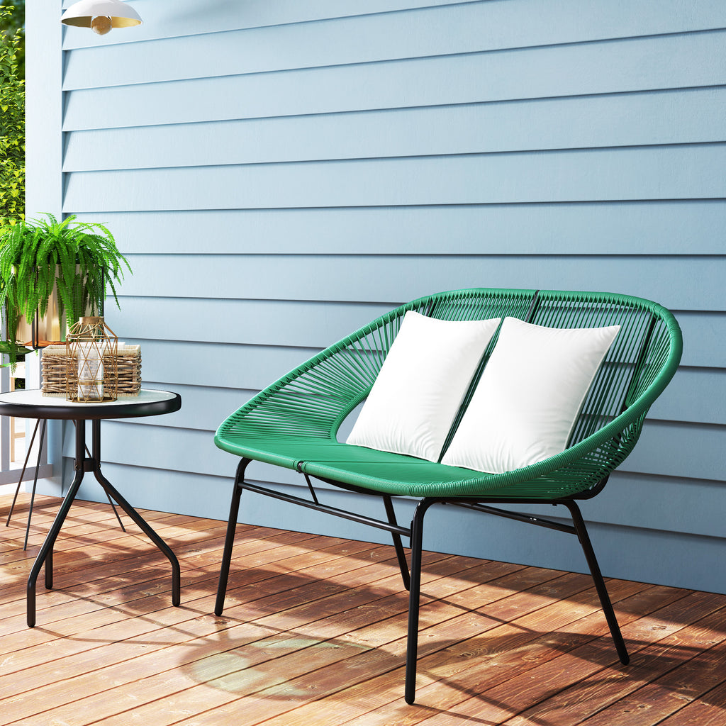 Banquette banc de jardin 2 places en acier et cordage en résine avec 2 coussins - dim. 132L x 72l x 83H cm - vert foncé