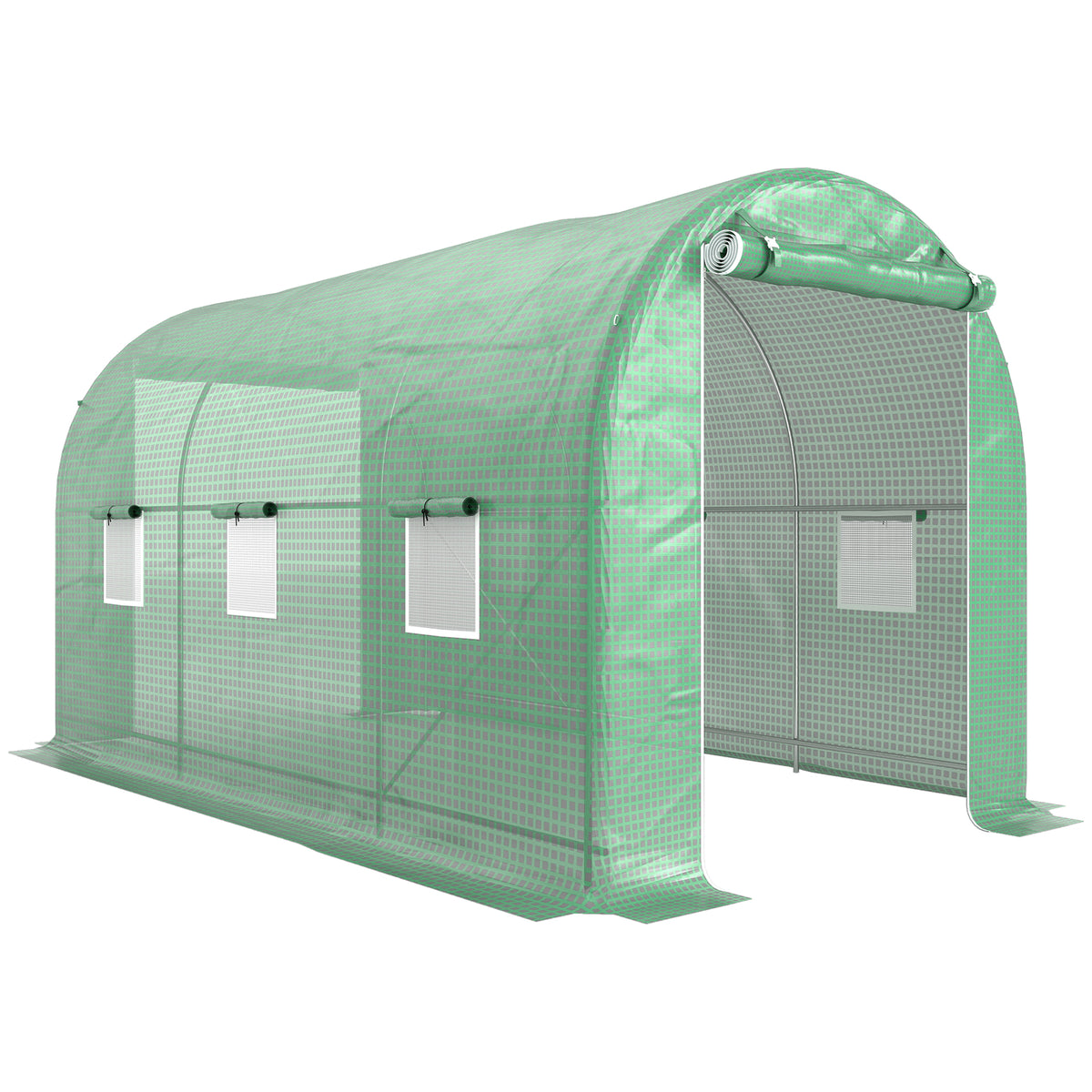 Serre de Jardin Tunnel Surface Sol 8 m² 4L x 2l x 2,05H m châssis Tubulaire Porte zippée 6 fenêtres enroulables vert