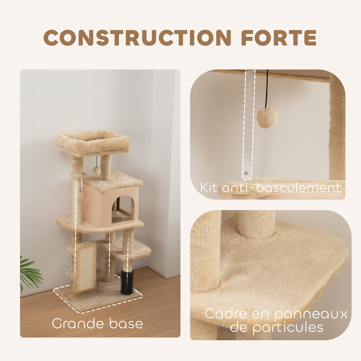 Arbre à chat, tour de jeux, hauteur de 132 cm, avec lit, maison, brosse de toilettage,  55 x 44 x 132 cm, beige