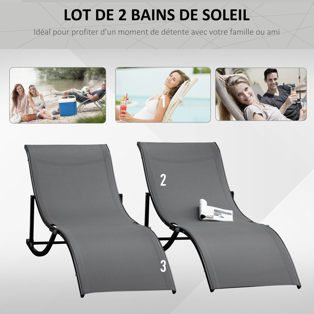 Lot de 2 bains de soleil pliables, chaise longue jardin extérieur en aluminium et textilène anthracite