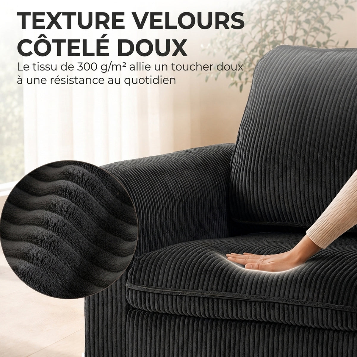 Fauteuil de salon en velours côtelé, canapé 1 place rembourré, assise large, coussin à ressorts, 83x74x87cm, Gris Foncé
