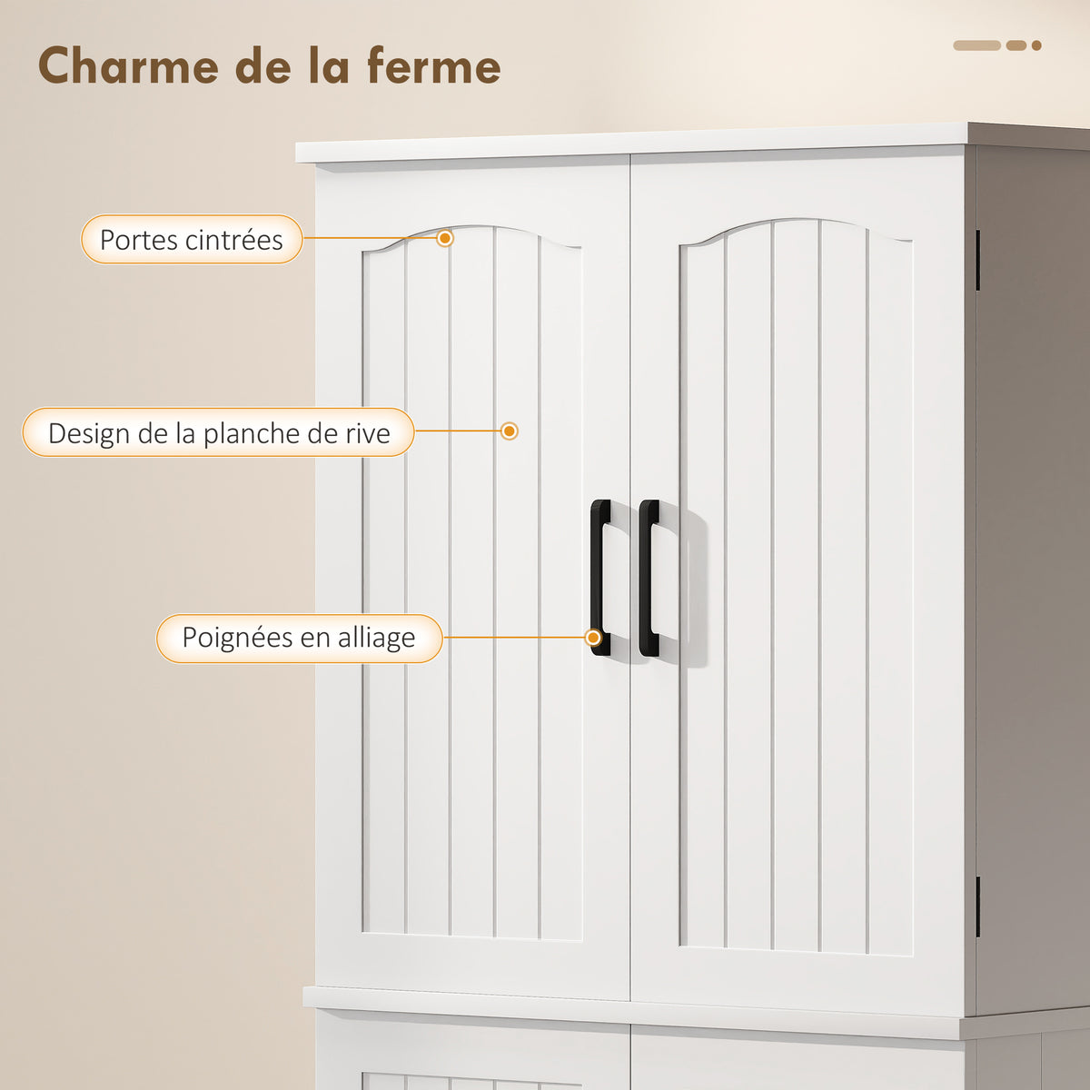 Buffet haut cuisine, armoire de cuisine, 4 portes, 10 niches, 8 porte-épices et étagères réglables, 60x35x162cm, blanc