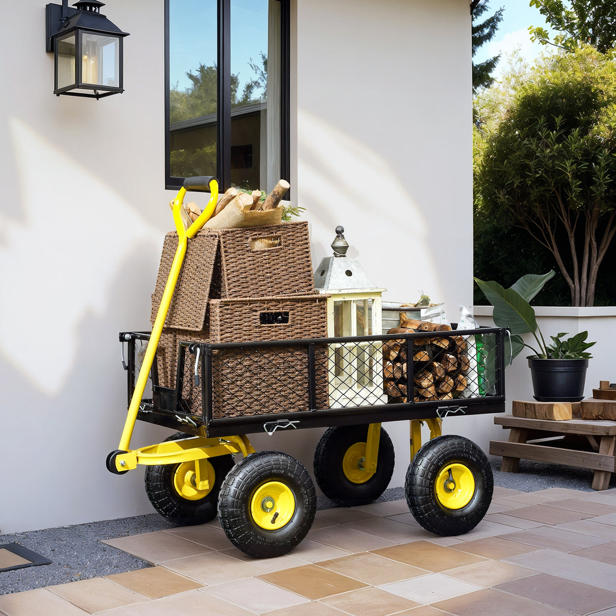 Chariot de jardin chariot de transport 4 roues côtés amovibles transformable en plateau 104 x 54 x 51 cm noir et jaune