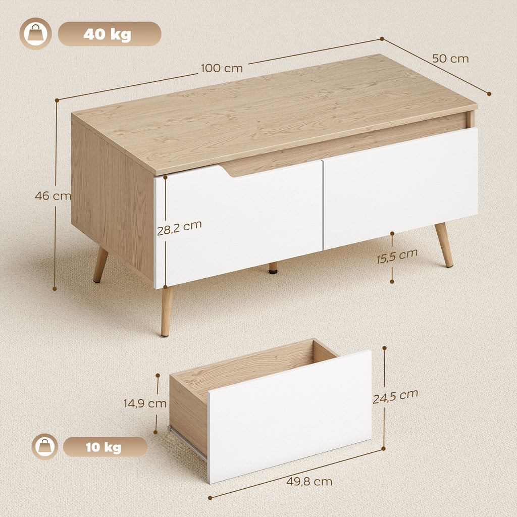 Table basse rectangulaire, table de salon moderne avec 2 tiroirs, 5 pieds en bois de pin, 100x50x46cm, chêne et blanc