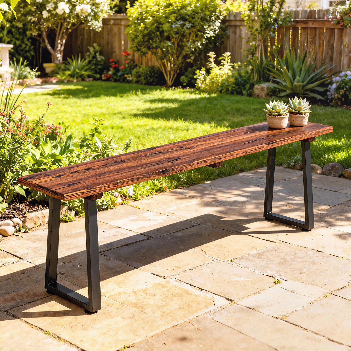 Banc de Jardin en Bois Sans Dossier en Bois, Pieds trapézoïdaux en acier, 2 Places à Effet Bois, 150x28x48cm, Carbonisé