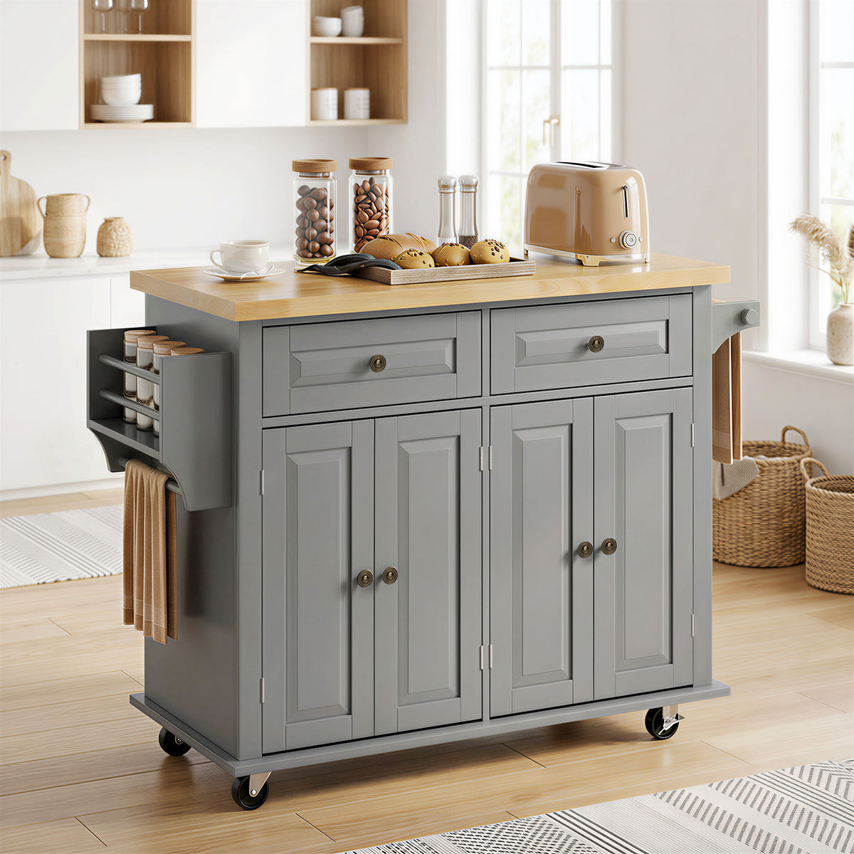Desserte ilôt de cuisine multi rangements 2 tiroirs 2 placard 2 portes avec étagère range-bouteille