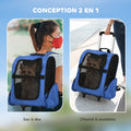Sac de transport à roulettes pour chien 2 en 1 trolley chariot sac à dos pour chien chat avec poignée téléscopique, sacs de rangement, aérations, attache de sécurité, 42 x 25 x 55 cm, bleu