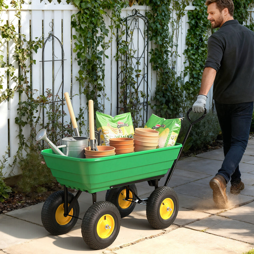 Chariot de Jardin à Main Benne basculante 75° 75L Charge Max. 200 Kg 4 Roues pneumatiques Acier PP Jaune Vert