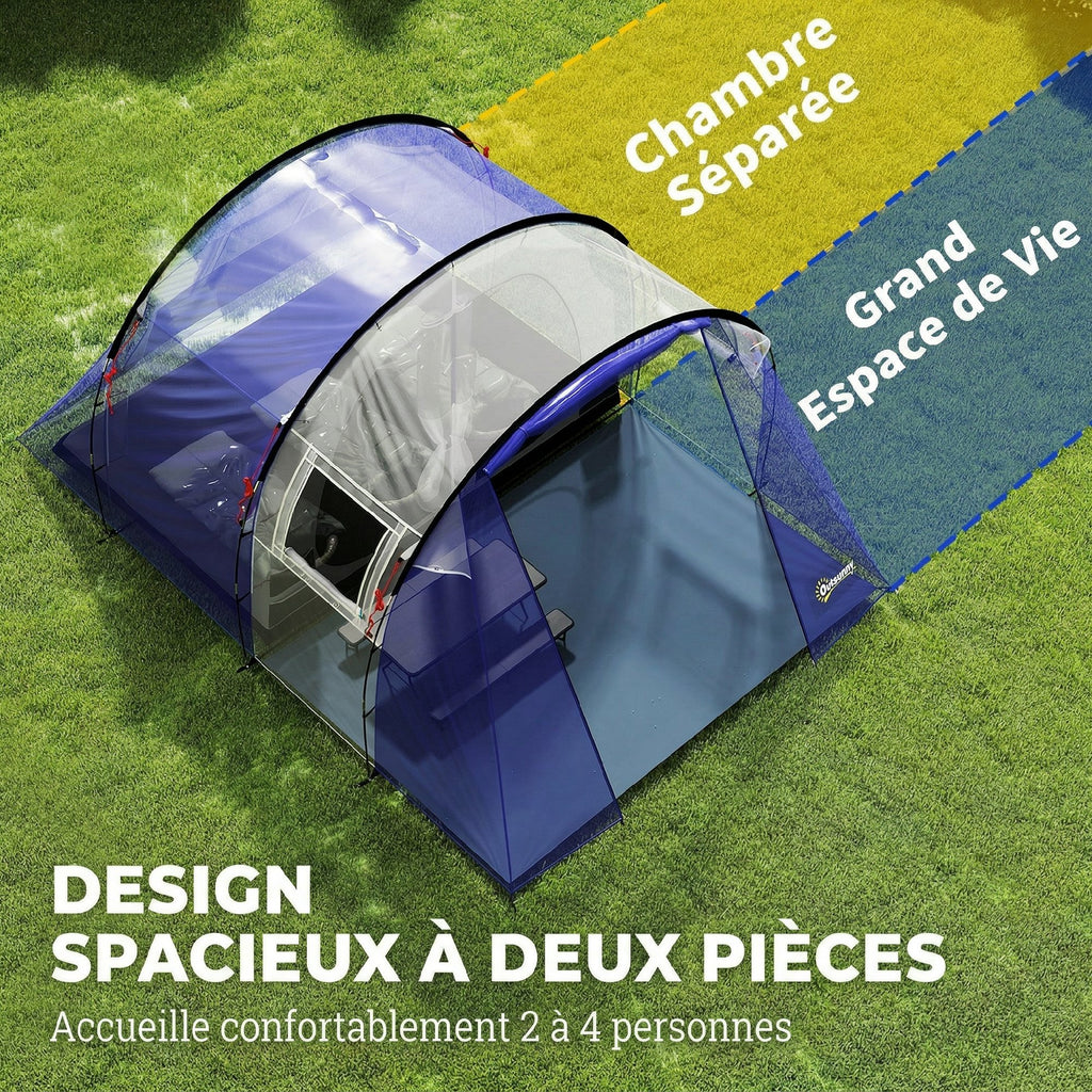 Tente de Camping pour 4 Personnes, 2 Chambres, Imperméable 3000mm, avec Tapis de Sol et Sac, 420x300x200cm, Bleu Foncé
