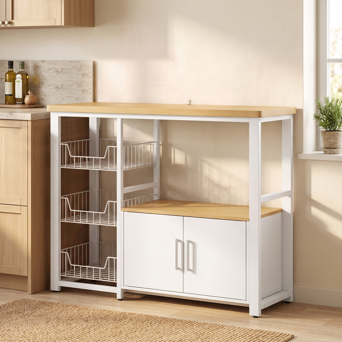 Étagère de rangement de cuisine avec paniers coulissants et placard, support micro-ondes, 100 x 35 x 80 cm, blanc