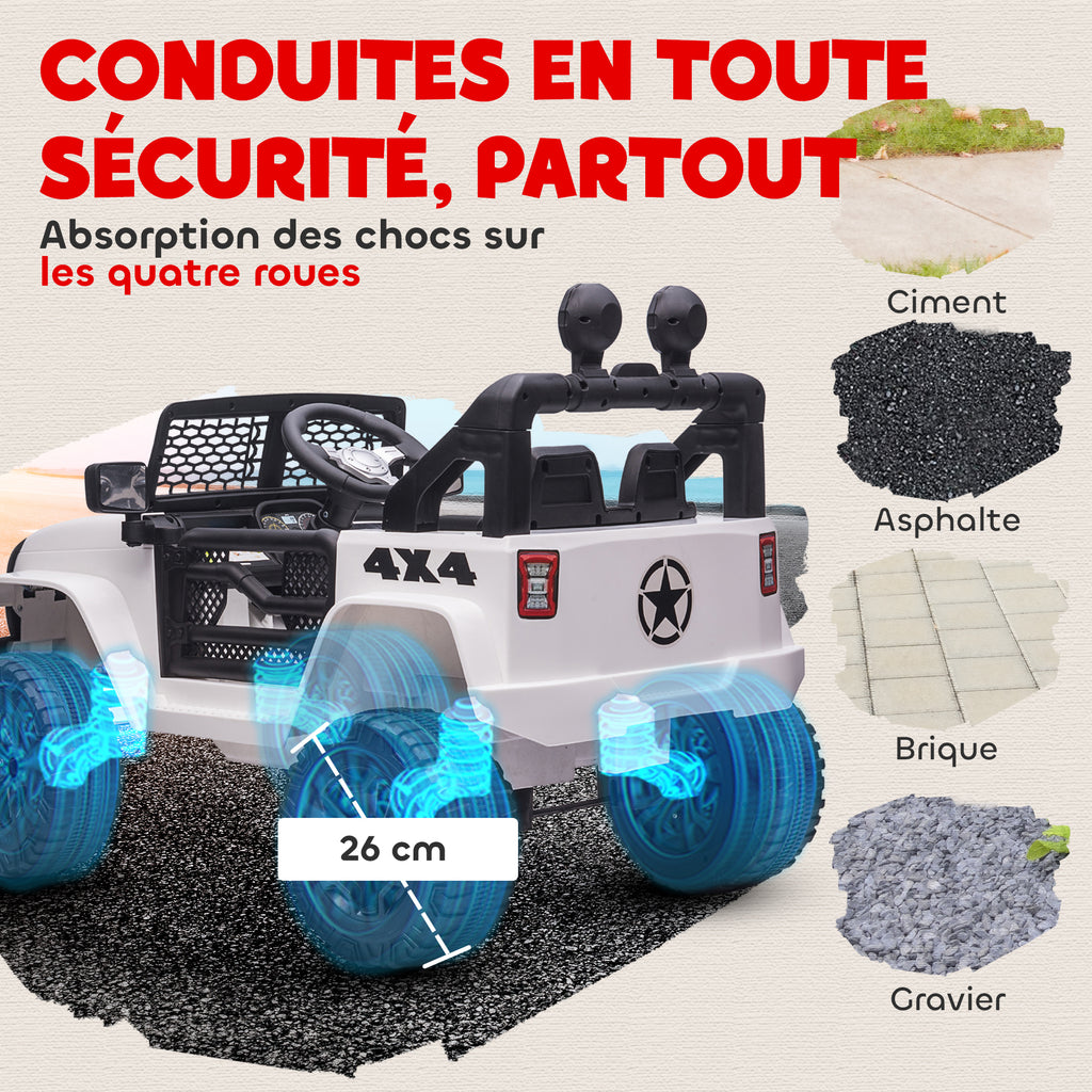 Voiture électrique Enfant Propulsion arrière 12 V 5 Km/h Max. télécommande Incluse Effets Lumineux sonores dim. 100L x 65l x 72H cm Blanc