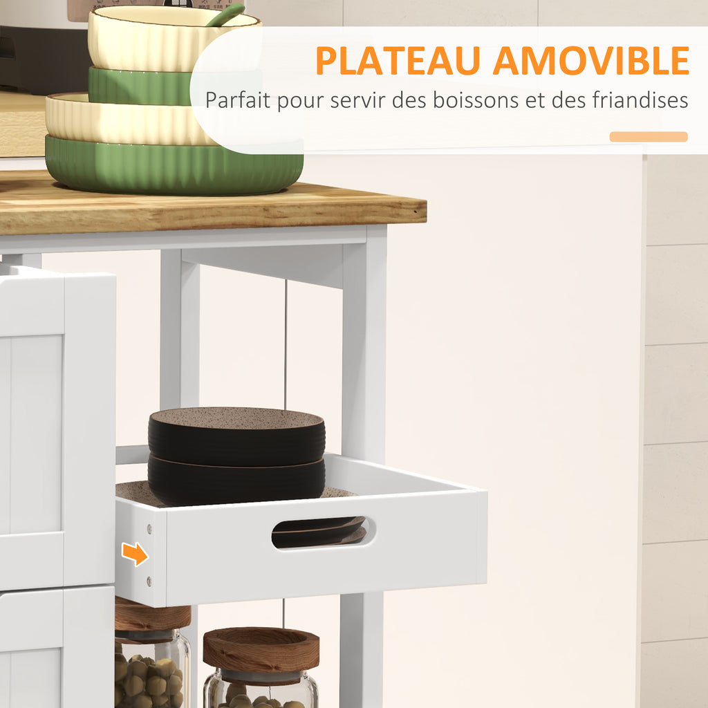 Chariot desserte de cuisine à roulettes plan de travail en bois 3 tiroirs + 1 plateau amovible 67 x 37 x 85,5 cm blanc