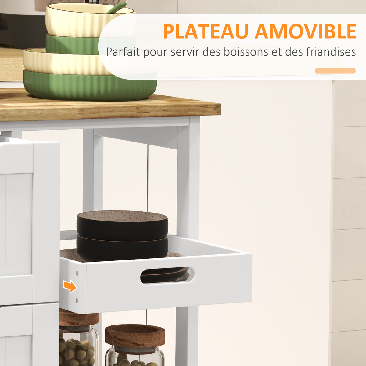 Chariot desserte de cuisine à roulettes plan de travail en bois 3 tiroirs + 1 plateau amovible 67 x 37 x 85,5 cm blanc