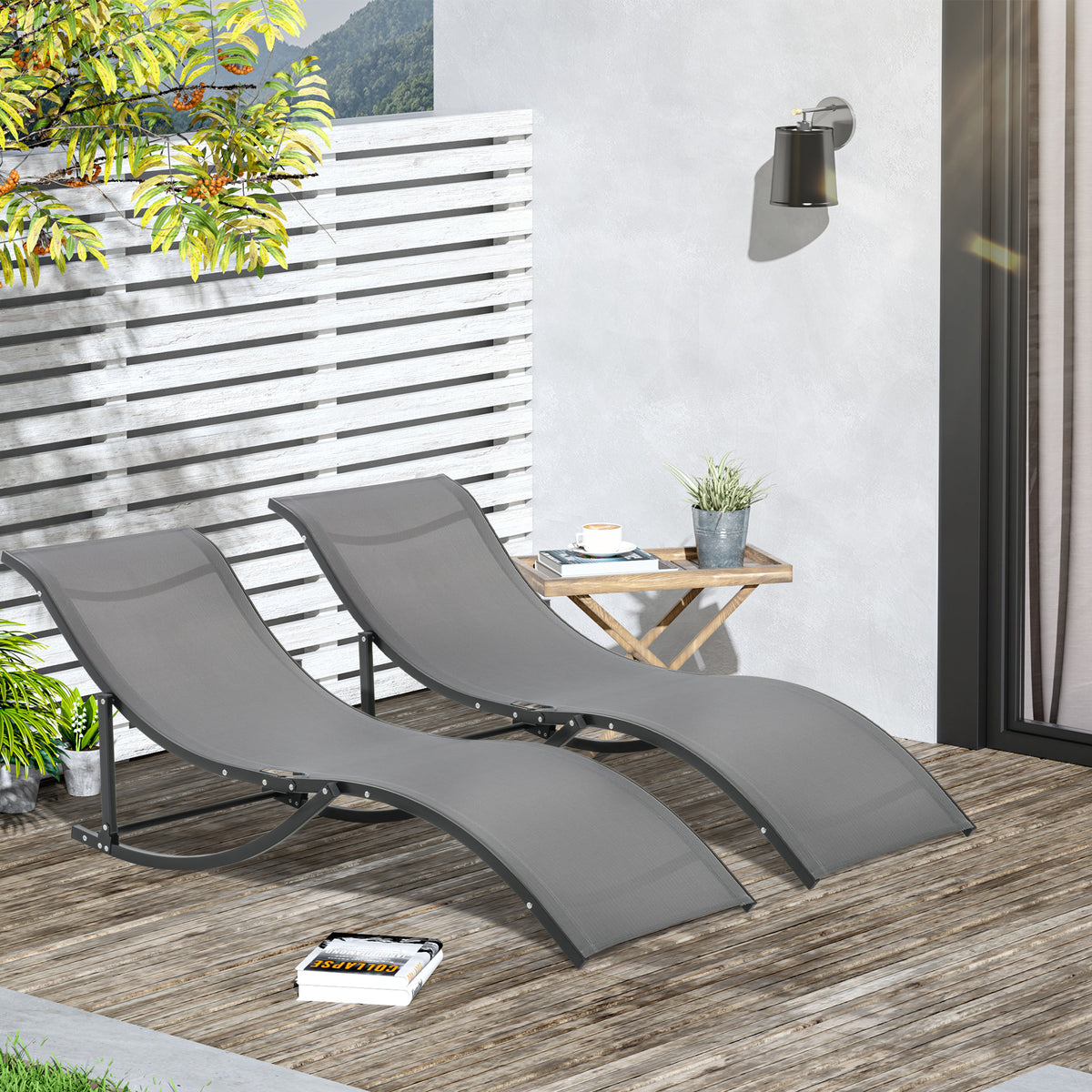 Lot de 2 bains de soleil pliables, chaise longue jardin extérieur en aluminium et textilène anthracite