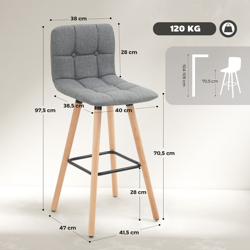 Lot de 2 tabourets de bar, chaises de bar capitonnées avec dossier et repose-pieds, pieds en bois, 41,5x47x97,5cm, gris