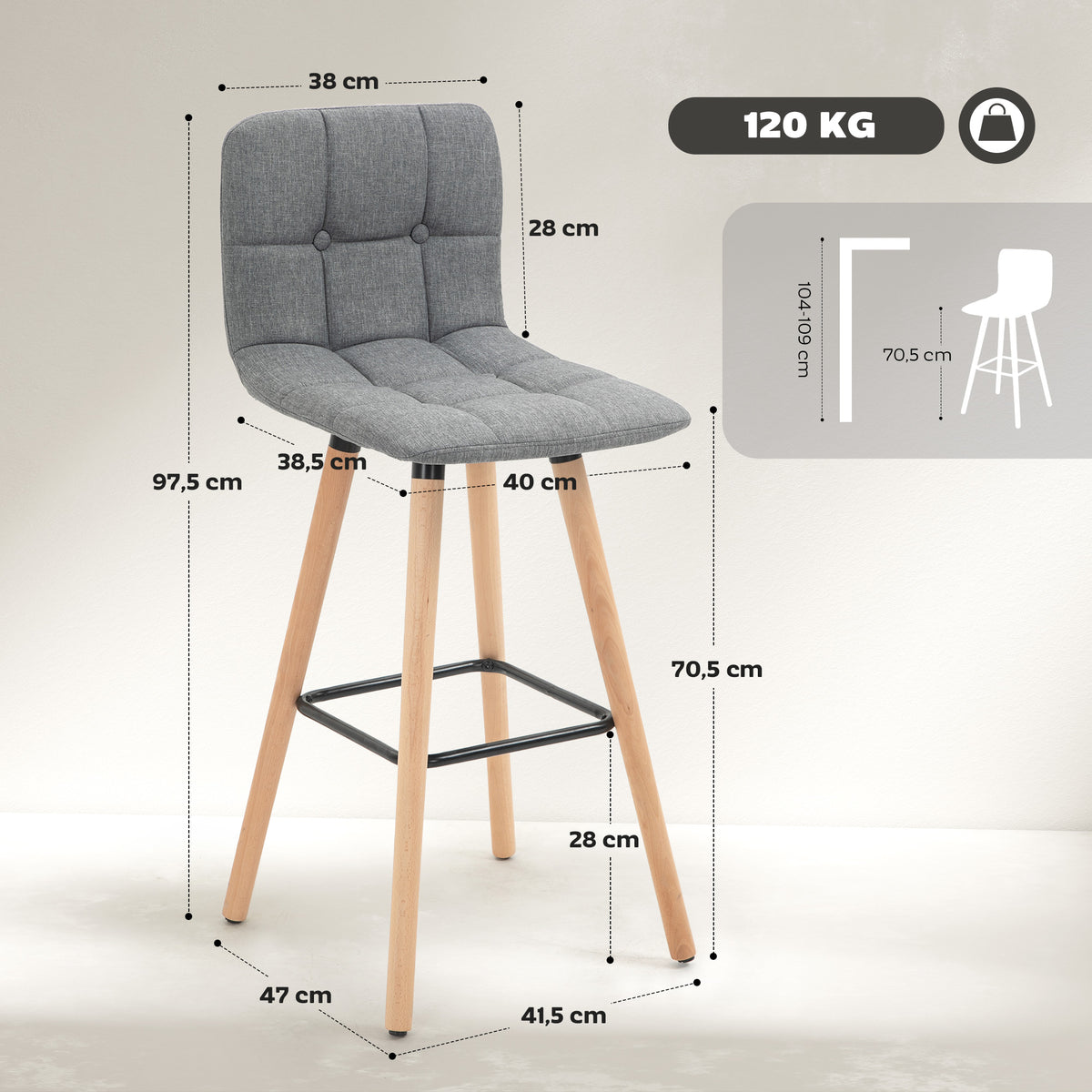 Lot de 2 tabourets de bar, chaises de bar capitonnées avec dossier et repose-pieds, pieds en bois, 41,5x47x97,5cm, gris