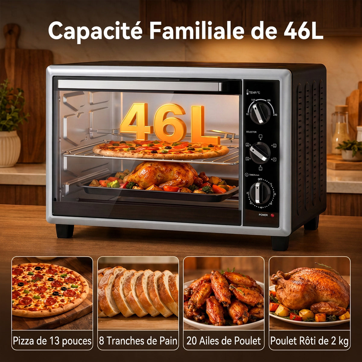 Mini-Four Électrique avec Broche Rotative 46L 1800W, Four à Convection Multifonction, Chaleur Tournante, Minuterie, Noir