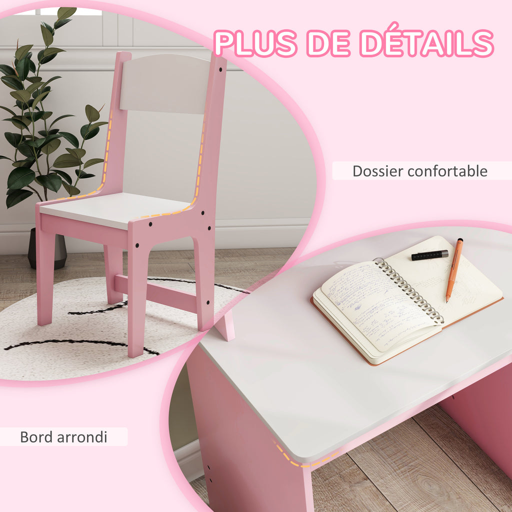 Bureau enfant avec chaise ergonomique avec clavier coulissant tiroir niches et étagères ouvertes 90 x 45 x 90 cm rose