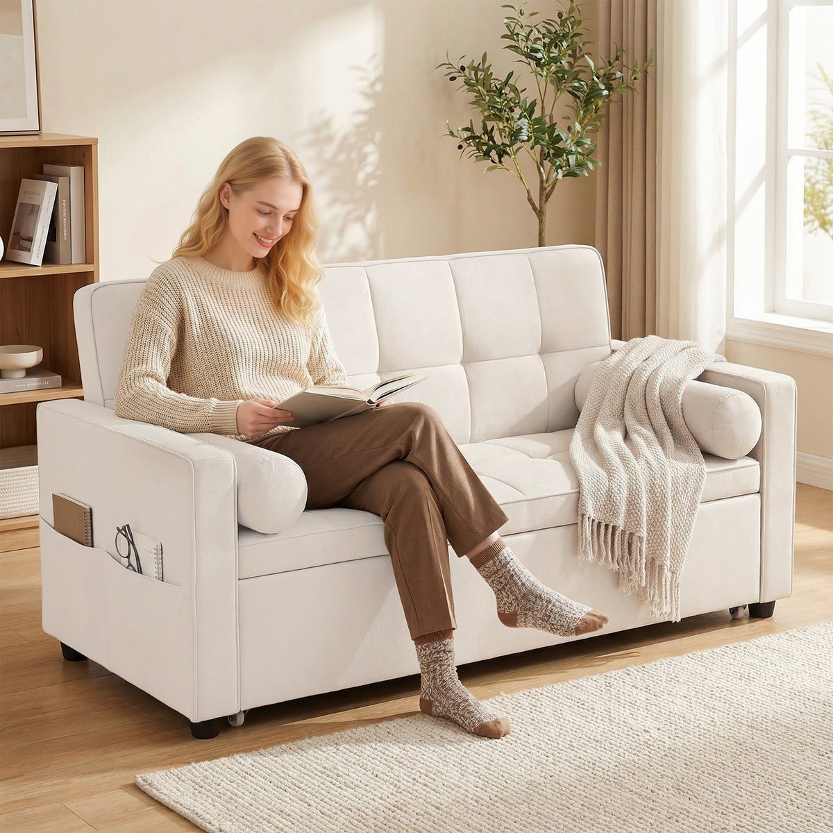 Canapé convertible 2 places 3 en 1 canapé-lit avec lit gigogne double dossier réglable 2 coussins 80,5x137,5x84cm beige