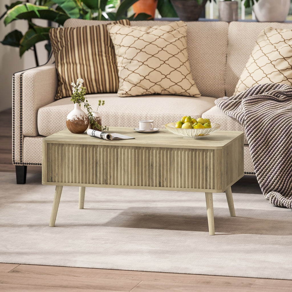 Table basse relevable, table de salon avec 2 compartiments cachés et pieds en pin, 91 x 56 x 43 cm, chêne
