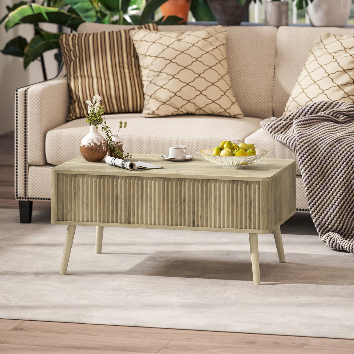 Table basse relevable, table de salon avec 2 compartiments cachés et pieds en pin, 91 x 56 x 43 cm, chêne