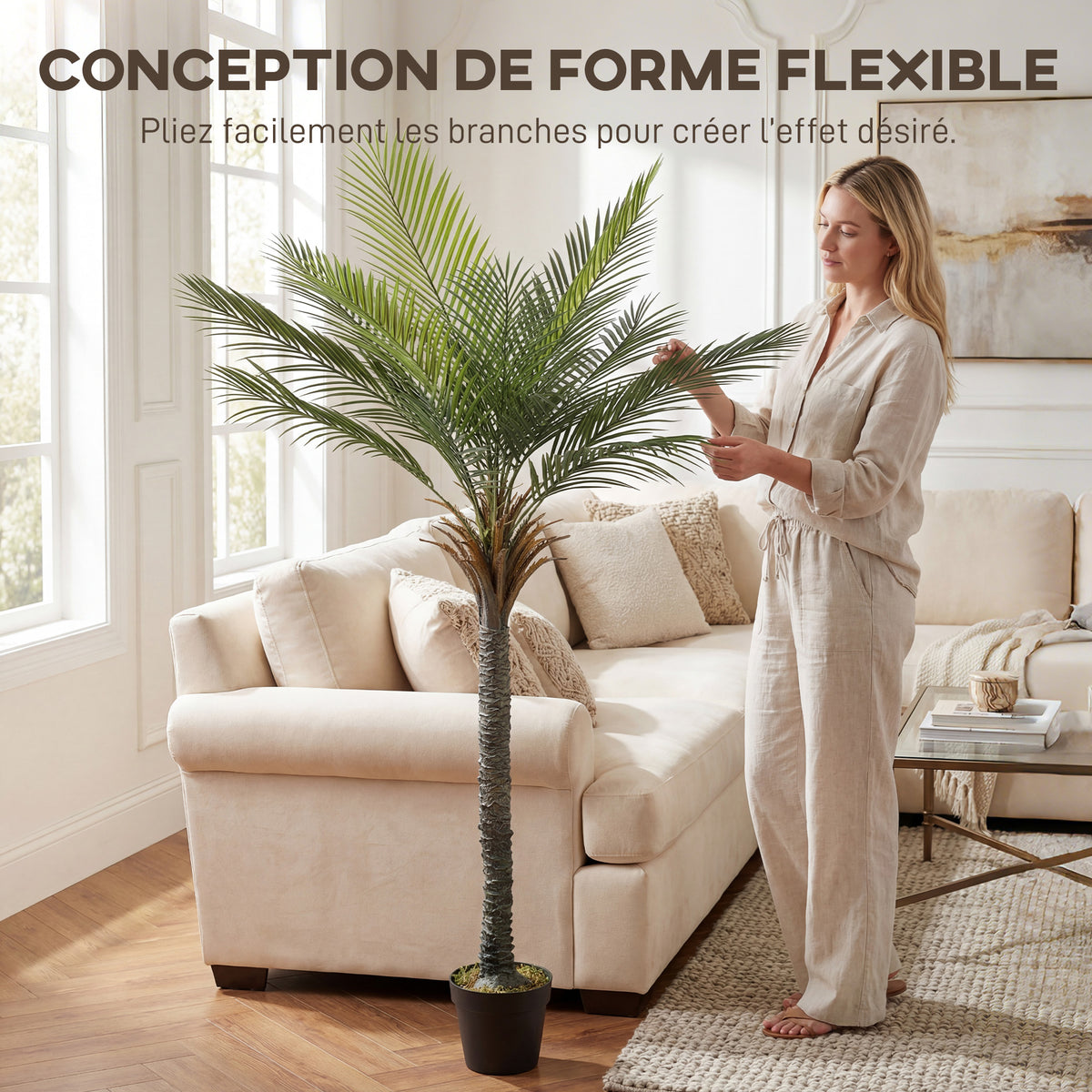 Palmier artificiel 180 cm, plante artificielle tropicale en pot, 15 feuilles réalistes, pour salon, chambre, bureau