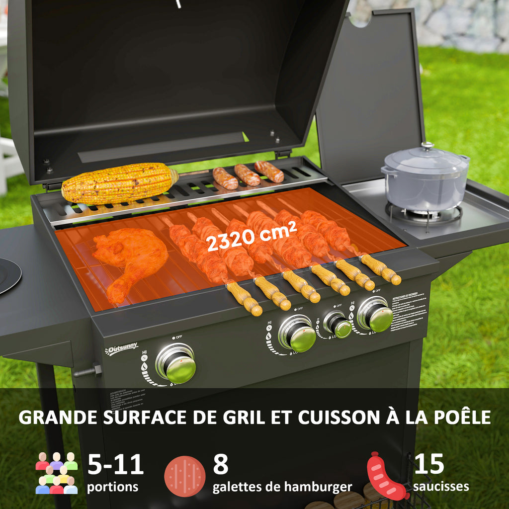 Barbecue gaz 3+1 brûleurs en acier, puissance 9,5 kW, barbecue de jardin 2 grilles étagères latérales, 2 roues, noir