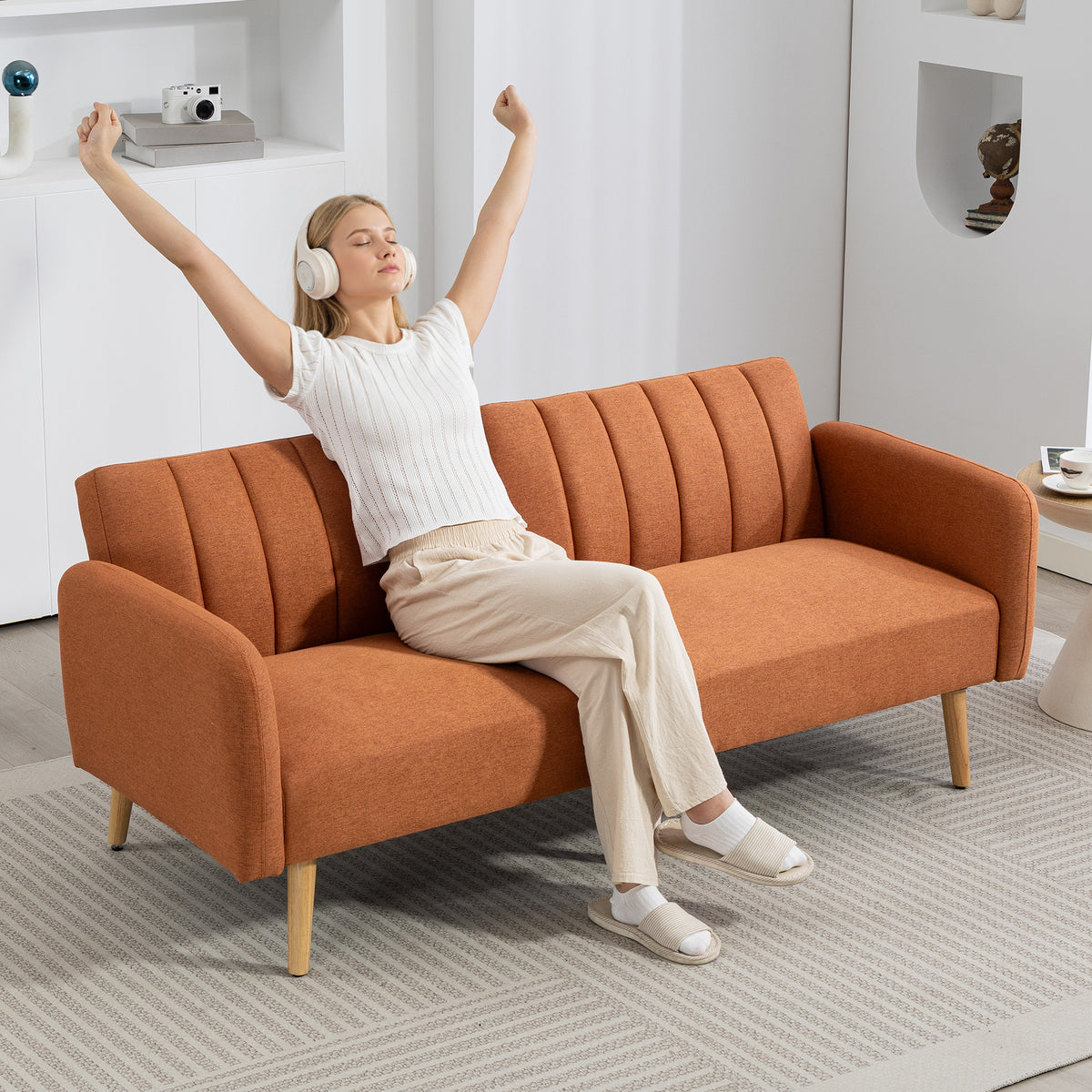Canapé Convertible 2 Places Design scandinave Dossier inclinable 3 Positions Pieds Bois Tissu Aspect Lin marron