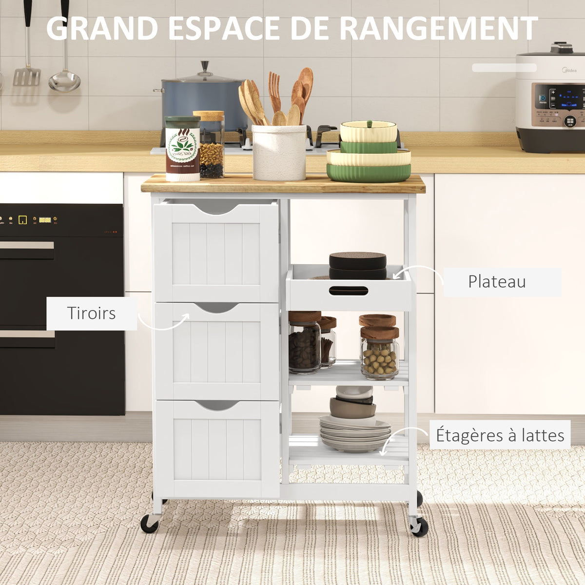 Chariot desserte de cuisine à roulettes plan de travail en bois 3 tiroirs + 1 plateau amovible 67 x 37 x 85,5 cm blanc