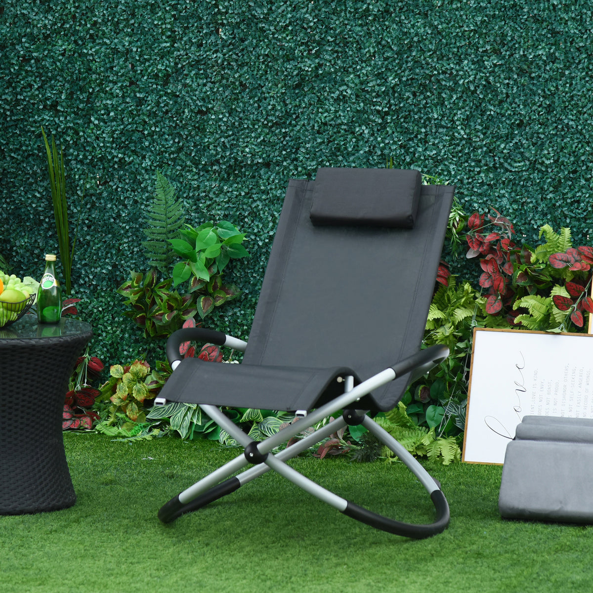 Chaise Longue à Bascule Pliable Rocking Chair avec Matelas revêtement Aspect Daim métal textilène Gris Noir