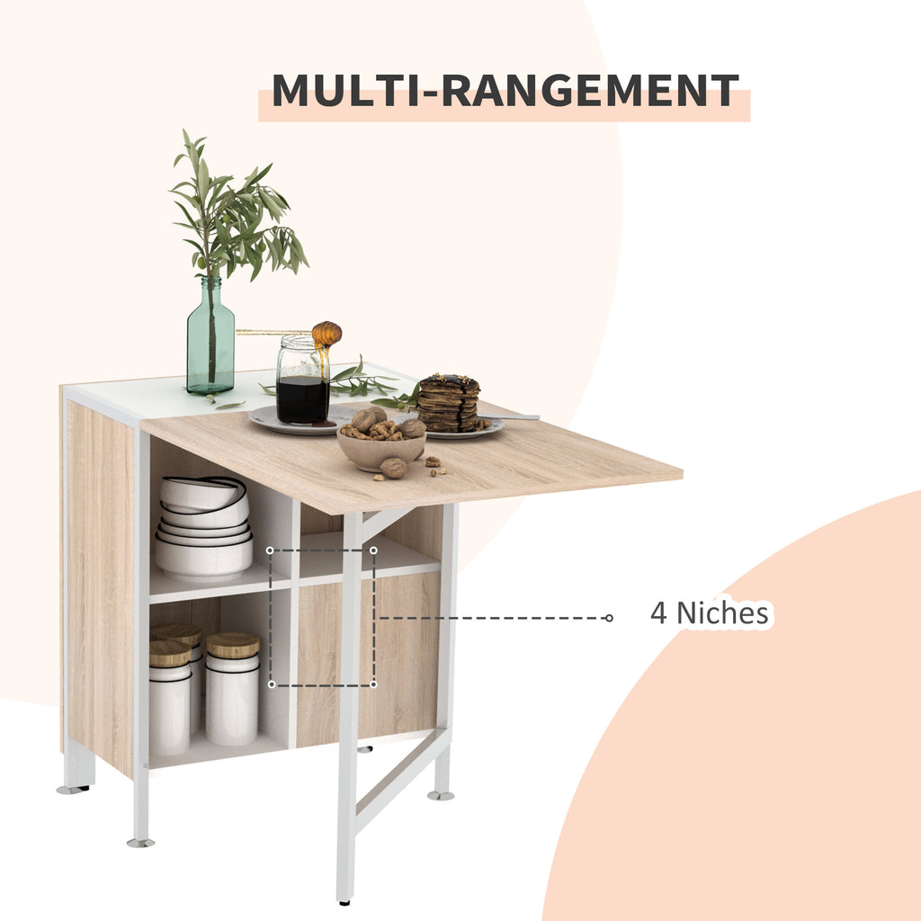 Table pliable de cuisine pour 4 personnes table à manger 4 niches intégrées pour petit espace dim. dépliées 169L x 62l x 75H cm MDF chêne clair acier blanc