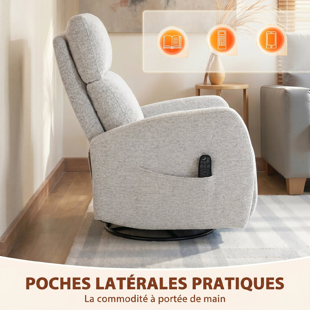Fauteuil inclinable de massage et chauffage, fauteuil de relaxation en chenille, dossier réglable, pivotant 360°, crème