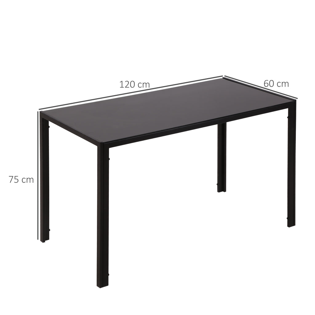 Table à manger pour 4 personnes, table de cuisine avec plateau en verre trempé et pieds en métal, 120x60x75cm, noir