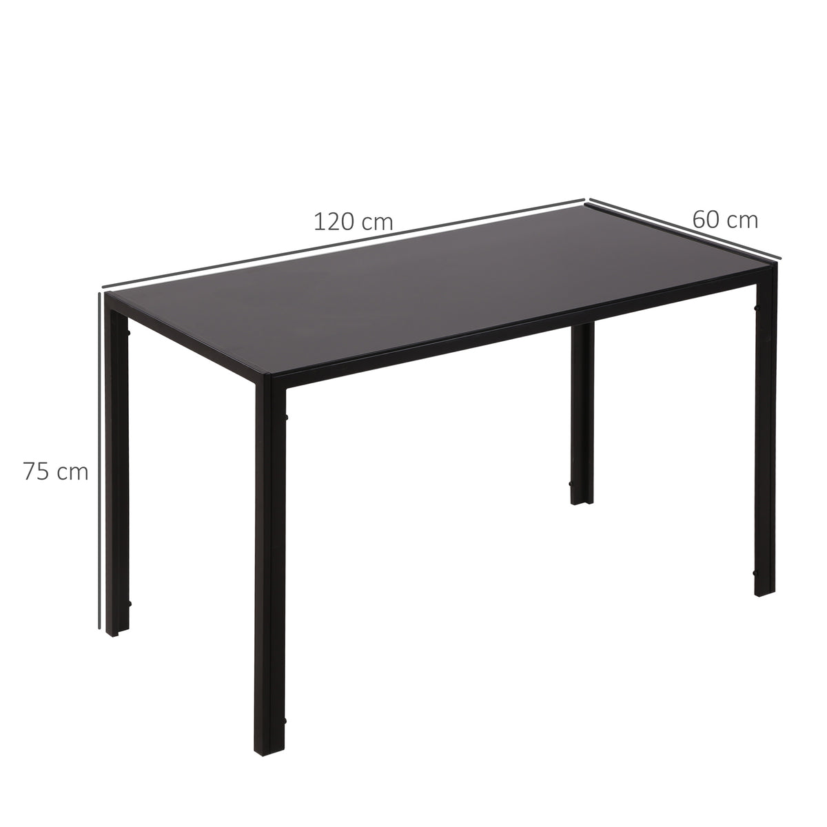 Table à manger pour 4 personnes, table de cuisine avec plateau en verre trempé et pieds en métal, 120x60x75cm, noir