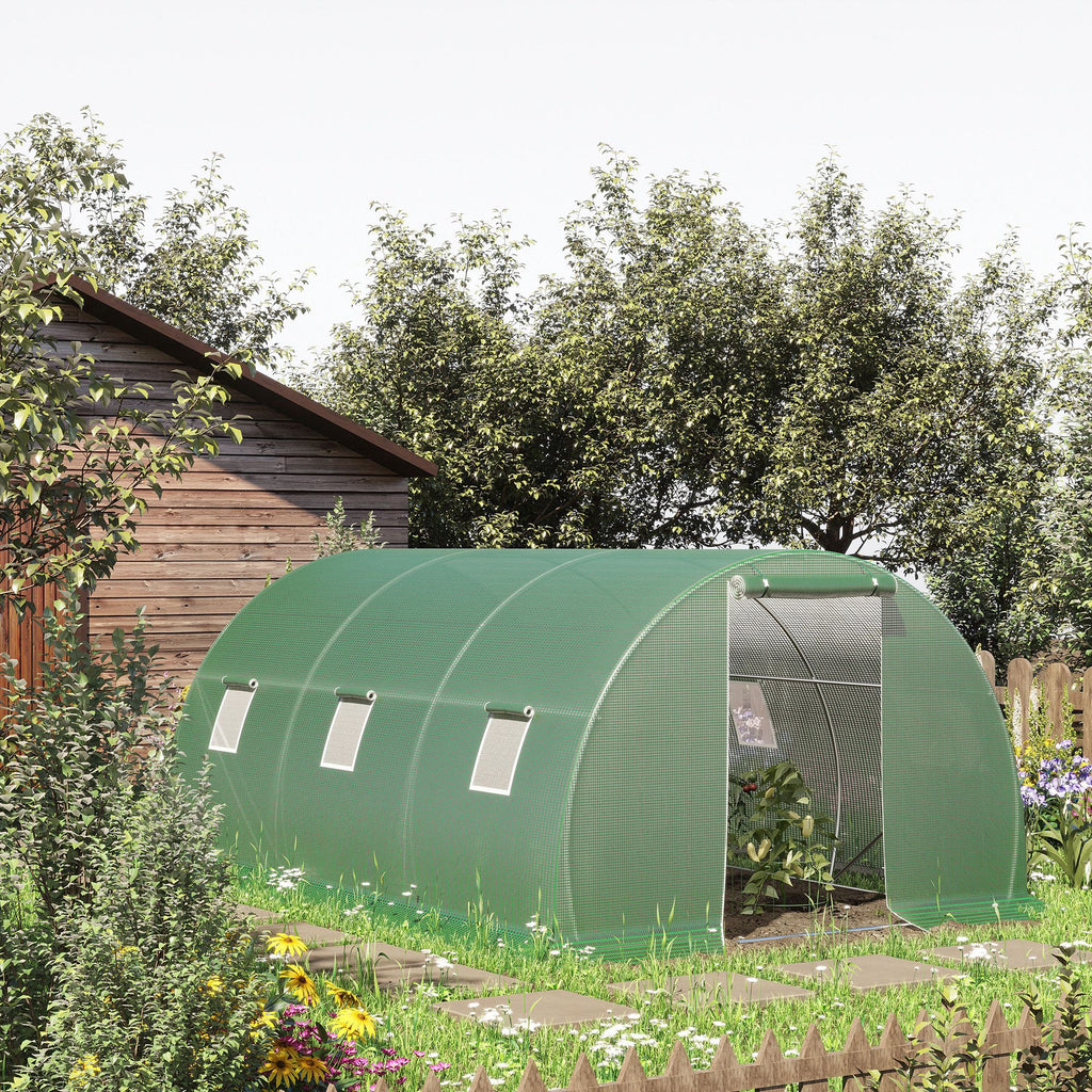 Serre de jardin tunnel 13,5 m² 6 fenêtres porte zippée enroulable châssis acier galvanisé bâche PE 4,5 x 3 x 2 m vert