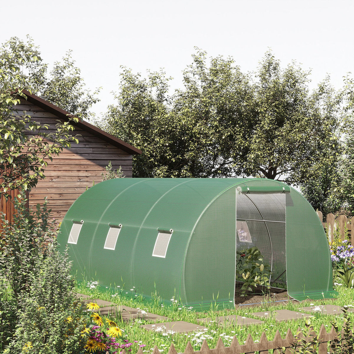Serre de jardin tunnel 13,5 m² 6 fenêtres porte zippée enroulable châssis acier galvanisé bâche PE 4,5 x 3 x 2 m vert