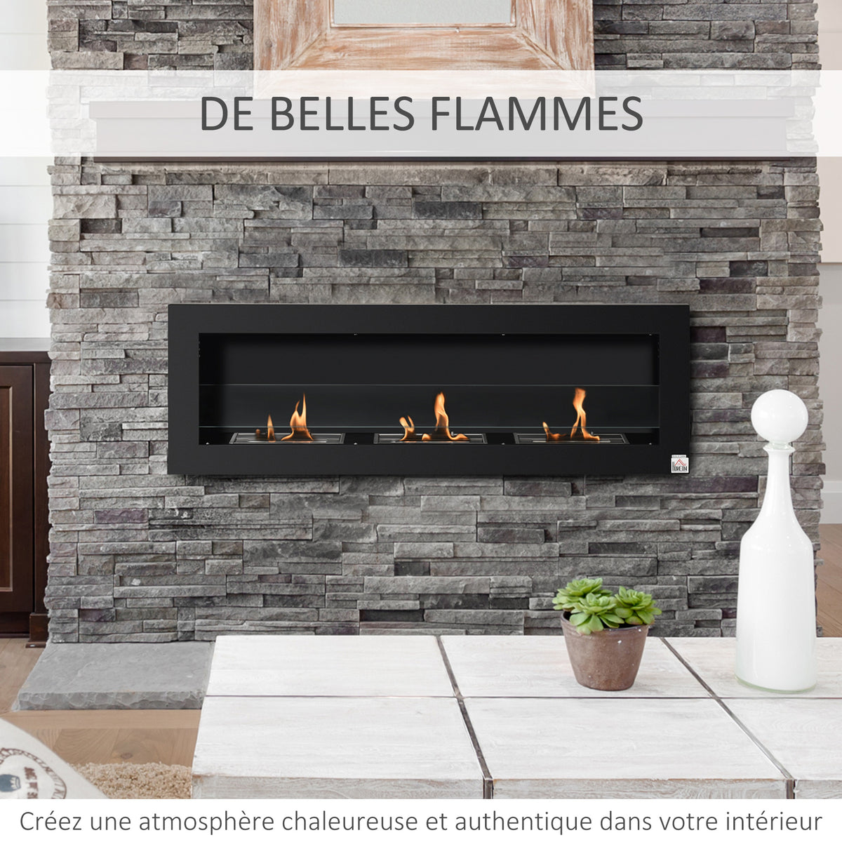 Cheminée bioéthanol Murale encastrable 3 brûleurs 3 L au total, environ 3 h de durée de combustion, dims. 120L x 15l x 40H cm, acier inox noir