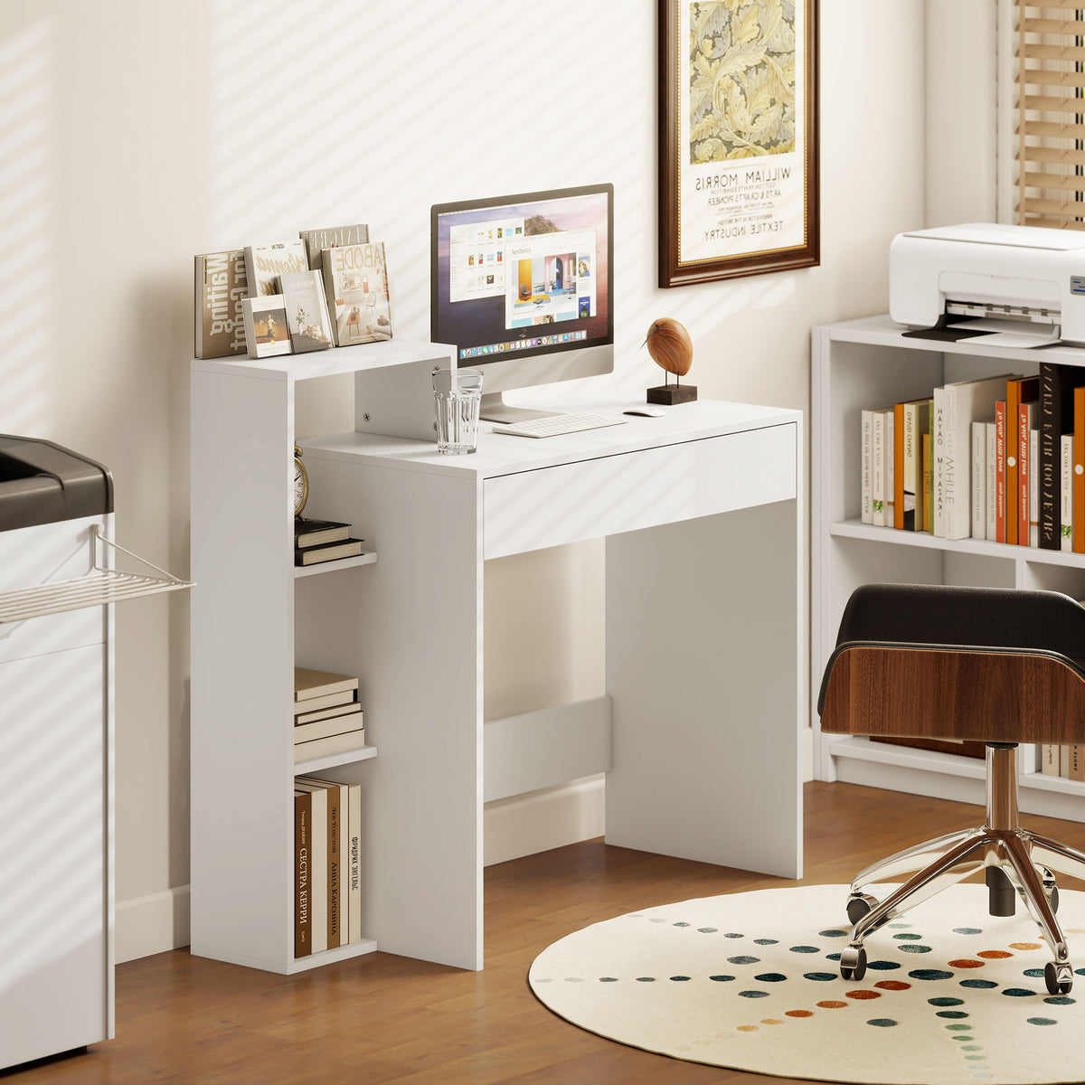 Bureau avec rangement, bureau d'ordinateur avec 3 étagères de rangement et tiroir, 100 x 40 x 90 cm, blanc