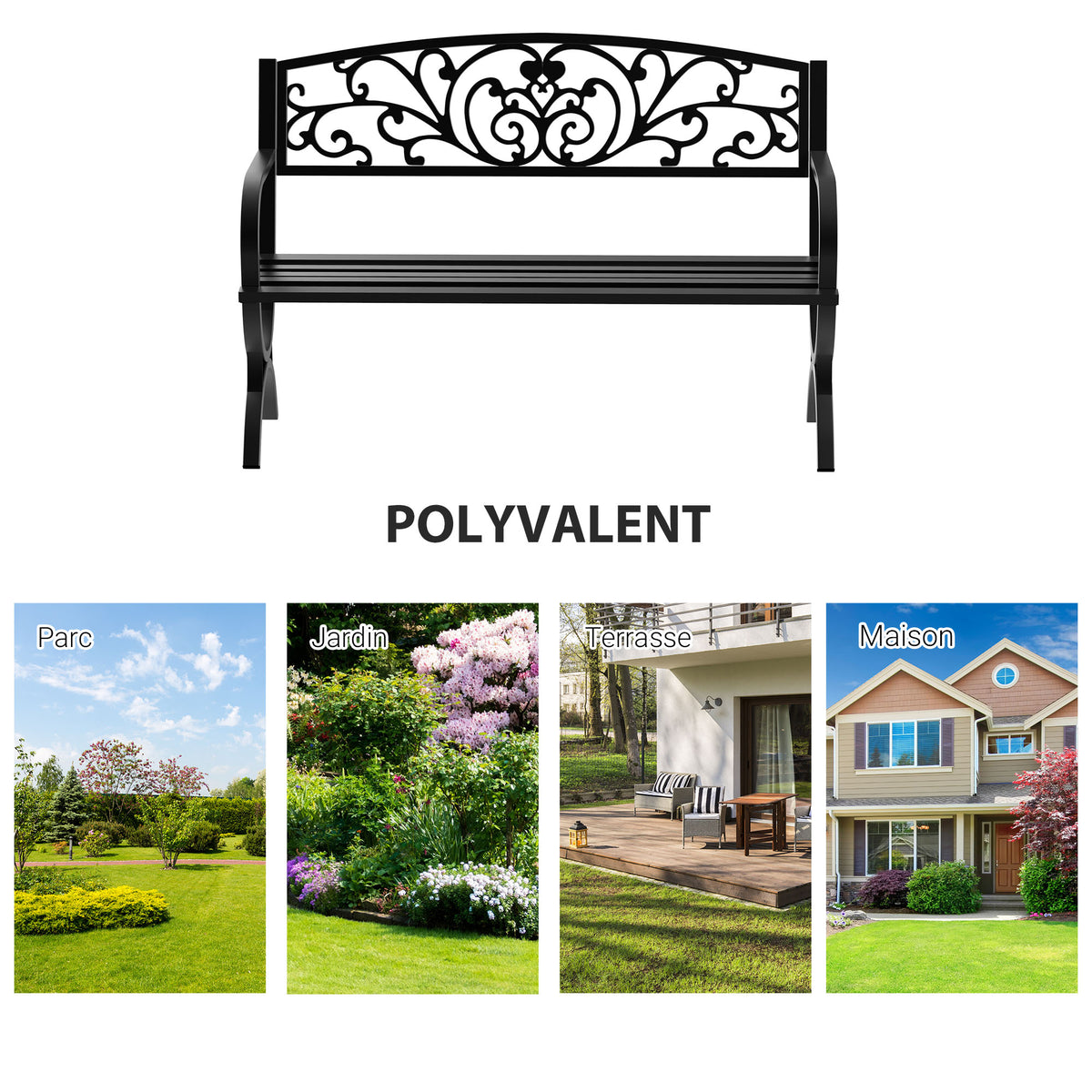 Banc de jardin terrasse en acier fonte noir 3 places 127 x 60 x 85 cm charge max 240 Kg