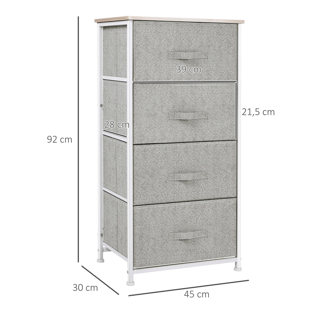Commode en Tissu Meuble de Rangement 4 tiroirs chiffonnier dim. 45L x 30l x 92H cm Cadre en métal et non-tissé, blanc
