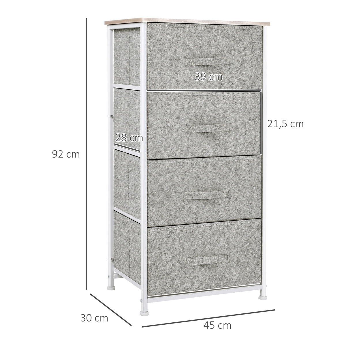 Commode en Tissu Meuble de Rangement 4 tiroirs chiffonnier dim. 45L x 30l x 92H cm Cadre en métal et non-tissé, blanc