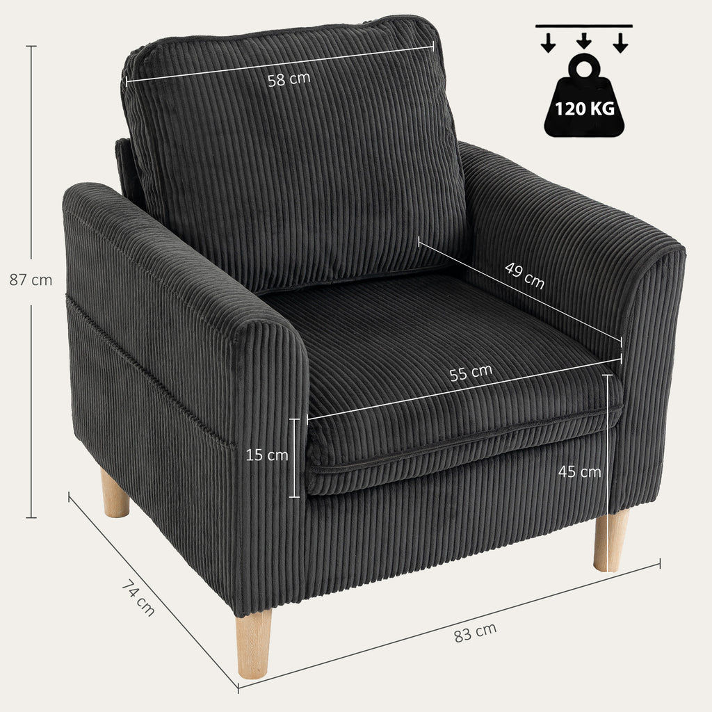 Fauteuil de salon en velours côtelé, canapé 1 place rembourré, assise large, coussin à ressorts, 83x74x87cm, Gris Foncé