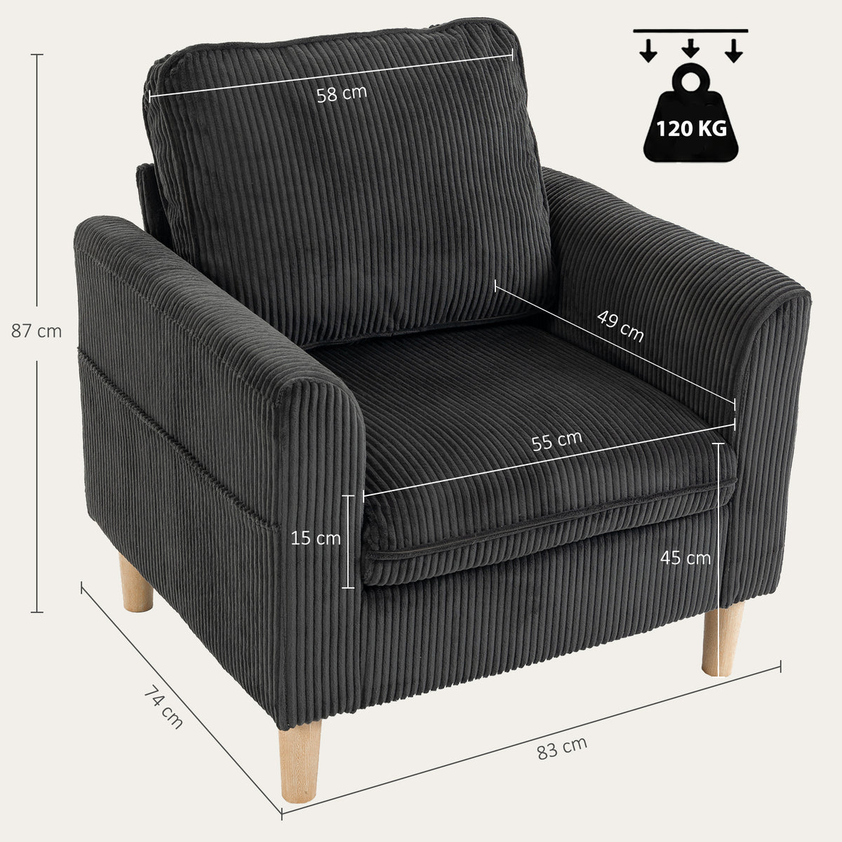 Fauteuil de salon en velours côtelé, canapé 1 place rembourré, assise large, coussin à ressorts, 83x74x87cm, Gris Foncé
