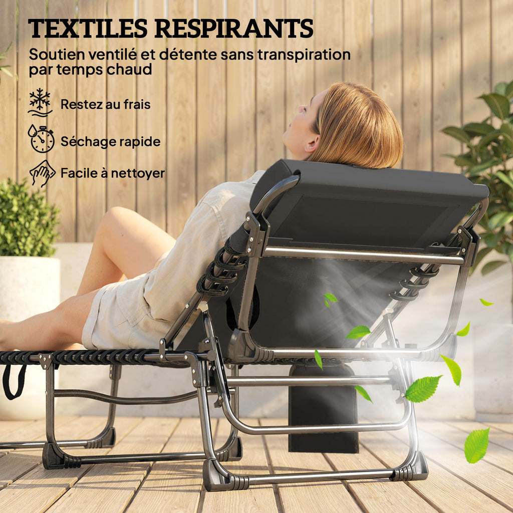 Chaise longue jardin extérieur, Bain de soleil Pliable, dossier inclinable sur 5 positions, 200 x 57 x 38 cm, gris Foncé