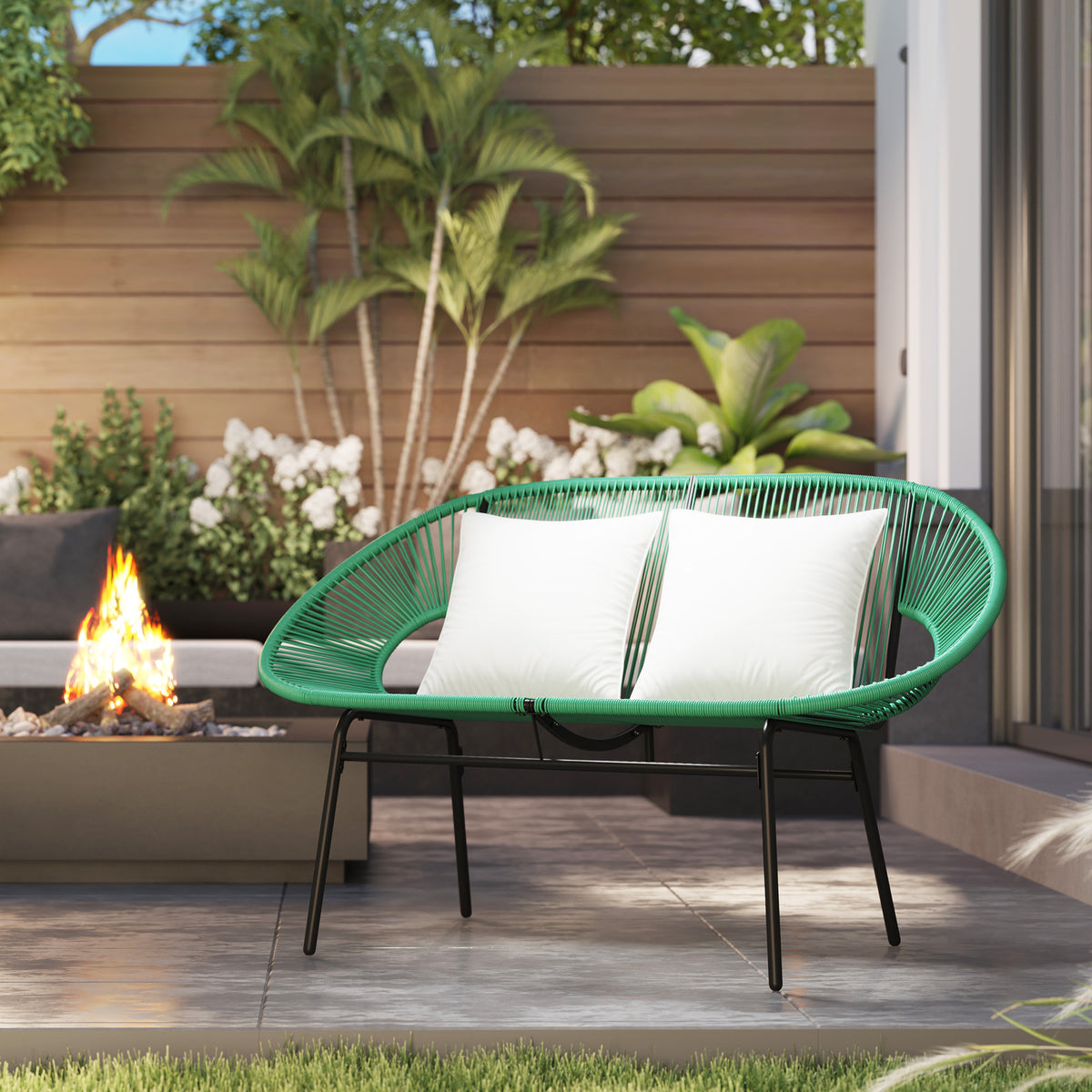 Banquette banc de jardin 2 places en acier et cordage en résine avec 2 coussins - dim. 132L x 72l x 83H cm - vert foncé