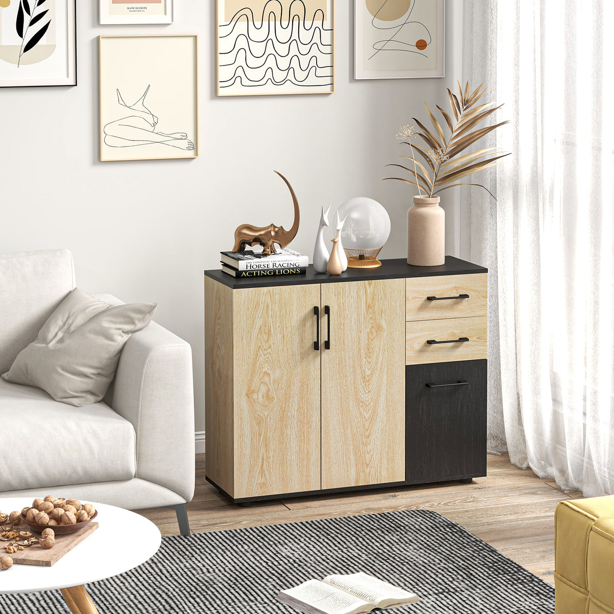 Meuble buffet de rangement cuisine 2 placards étagère réglable 2 tiroirs 90 x 30 x 75,5 cm naturel noir