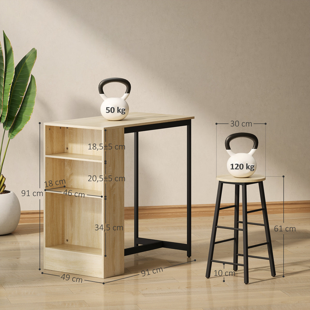 Ensemble table de bar avec tabourets, compartiments ouverts, étagère réglable et repose-pieds, chêne et noir
