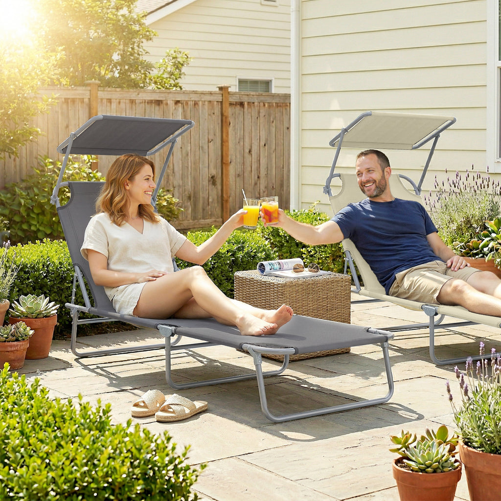 Transat Bain de Soleil Pliable Chaise Longue Pliante Grand Confort Dossier Inclinable Multi-positions et Pare-Soleil réglable Dim. 187L x 58l x 36H cm Gris